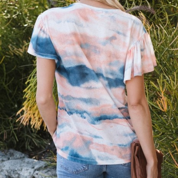 Pink and blue flutter sleeve top - Picture 3 of 4